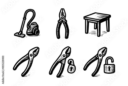 Vintage hand drawn household tools and furniture set