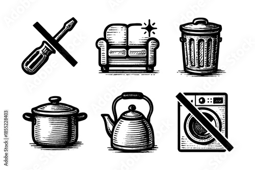 Vintage home essentials icons: repair, comfort, and maintenance in classic style