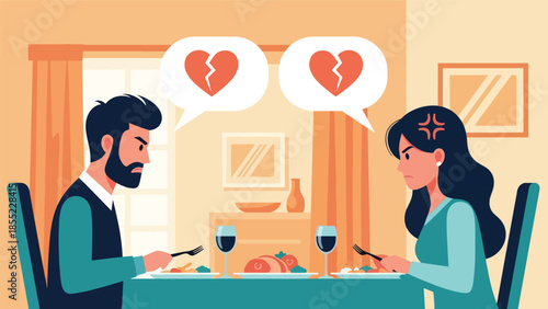 Modern flat vector illustration of man and woman sitting angry at dining table after breakup, emotional at home, ideal for relationship themes