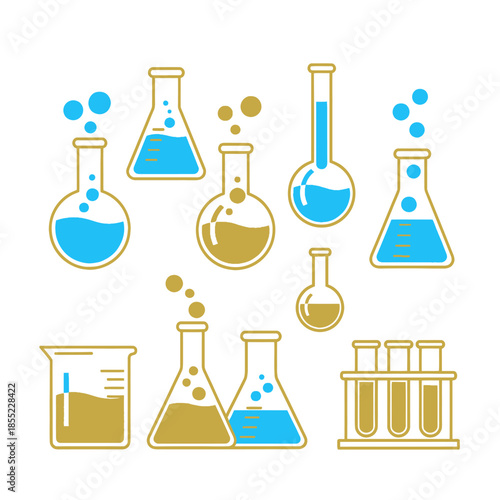 Assorted laboratory glassware including beakers flasks and test tubes in scientific setting