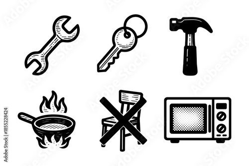Vintage icon set: tools, key, hammer, pan, broken chair, microwave