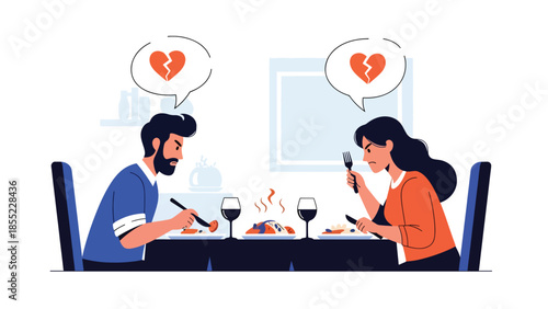 Modern flat vector illustration of man and woman sitting angry at dining table after breakup, emotional at home, ideal for relationship themes