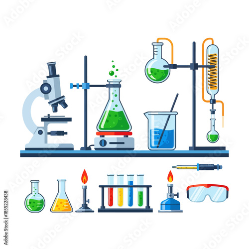 Illustration of Laboratory Equipment with Test Tubes Microscope and Safety Glasses