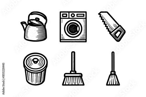 Set of hand drawn household items with vintage style: kettle, washing machine, tools