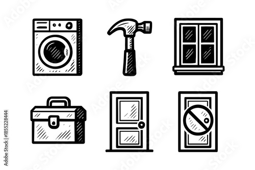Black and white home improvement icons set in hand drawn style
