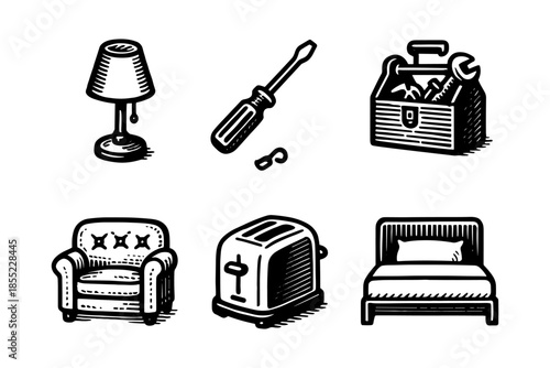 Vintage etching style household and tool icons set for home and workshop