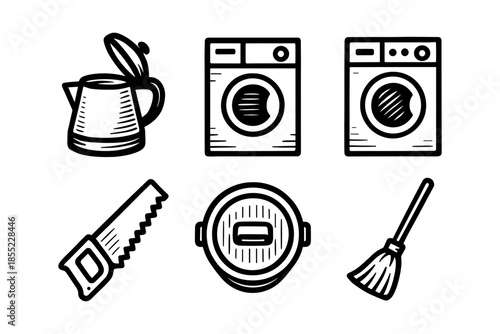 Hand-drawn home appliance and tool icon set in black and white