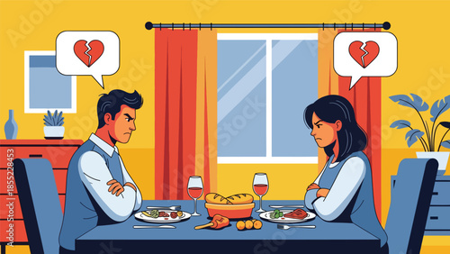 Modern flat vector illustration of man and woman sitting angry at dining table after breakup, emotional at home, ideal for relationship themes