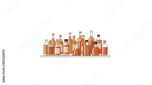 Extensive assortment of various alcohol bottles in different shapes and sizes, neatly displayed in a row on a white shelf, showcasing a diverse collection.