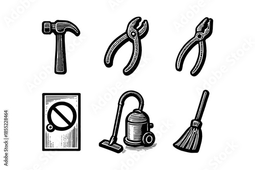 Monochrome tool and cleaning icon set featuring hammer, pliers, vacuum, and broom