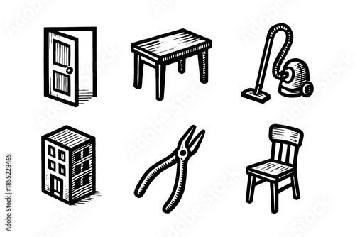 Hand drawn household items: furniture, tools, and appliances in black and white