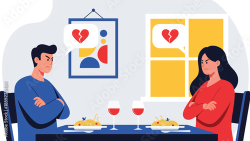 Modern flat vector illustration of man and woman sitting angry at dining table after breakup, emotional at home, ideal for relationship themes