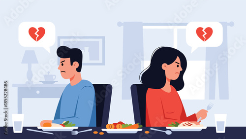 Modern flat vector illustration of man and woman sitting angry at dining table after breakup, emotional at home, ideal for relationship themes