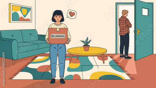Modern flat vector illustration of woman holding box of belongings while man stands near door, breakup move-out scene, ideal for separation themes