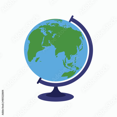 Flat of a blue and green terrestrial globe on a dark blue stand against a white background earth planet.