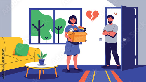 Modern flat vector illustration of woman holding box of belongings while man stands near door, breakup move-out scene, ideal for separation themes