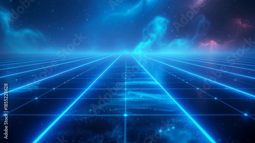 Wallpaper Mural Futuristic landscape neon grid cyber space virtual reality digital background blue light science fiction glowing line holographic floor starry sky abstract blue horizon landscape with particle energy Torontodigital.ca