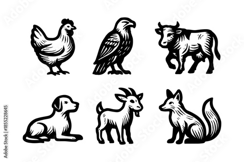 Vintage black and white animal silhouettes of farm and forest creatures