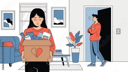 Modern flat vector illustration of woman holding box of belongings while man stands near door, breakup move-out scene, ideal for separation themes