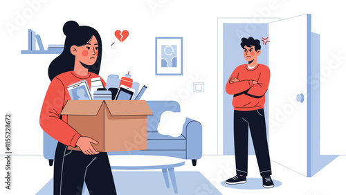 Modern flat vector illustration of woman holding box of belongings while man stands near door, breakup move-out scene, ideal for separation themes