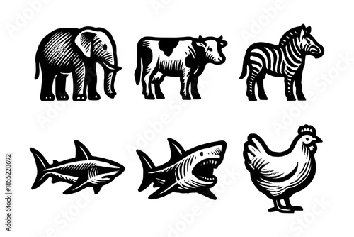 Bold animal woodcut style: elephant, cow, zebra, shark, chicken