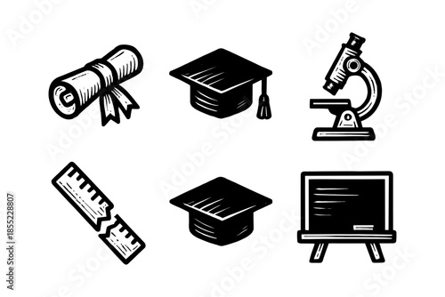 Monochrome education icons: hat, diploma, microscope, ruler, blackboard