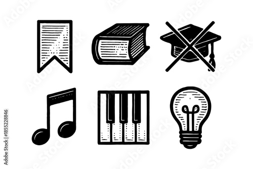 Retro education and creativity icons set in hand-drawn style