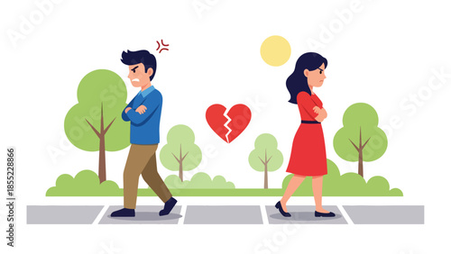 Modern flat vector illustration of man and woman walking in opposite directions, symbolic breakup and emotional separation, ideal for relationship endings