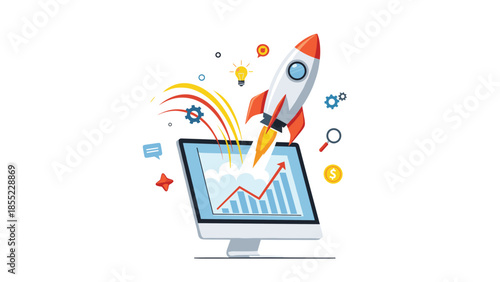 Dynamic rocket launching out of a computer monitor displaying a financial growth chart, surrounded by various business and innovation icons.