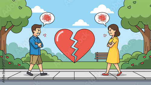 Modern flat vector illustration of man and woman walking in opposite directions, symbolic breakup and emotional separation, ideal for relationship endings