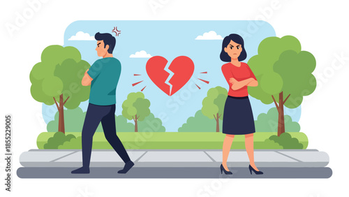 Modern flat vector illustration of man and woman walking in opposite directions, symbolic breakup and emotional separation, ideal for relationship endings