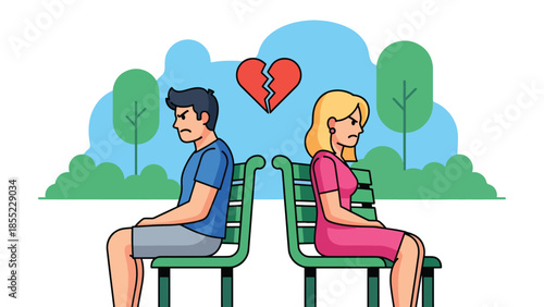 Modern flat vector illustration of man and woman sitting apart on park bench, emotional distance after breakup, ideal for relationship conflict visuals