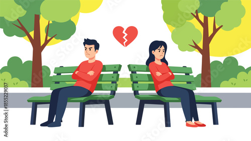 Modern flat vector illustration of man and woman sitting apart on park bench, emotional distance after breakup, ideal for relationship conflict visuals