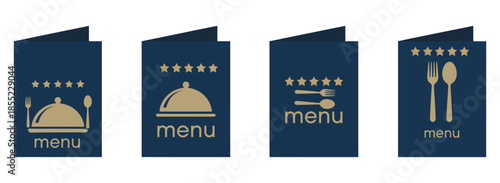 Elegant restaurant menu card designs featuring golden cutlery, cloche, and five-star rating