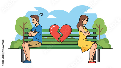 Modern flat vector illustration of man and woman sitting apart on park bench, emotional distance after breakup, ideal for relationship conflict visuals