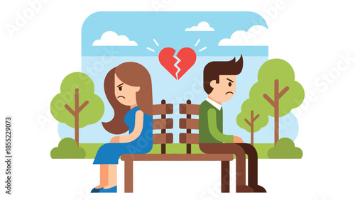 Modern flat vector illustration of man and woman sitting apart on park bench, emotional distance after breakup, ideal for relationship conflict visuals