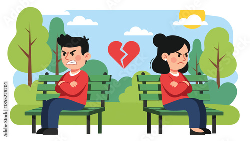 Modern flat vector illustration of man and woman sitting apart on park bench, emotional distance after breakup, ideal for relationship conflict visuals