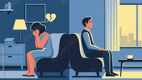 Modern flat vector illustration of woman crying on sofa while man looks away, emotional breakup scene, ideal for mental health and relationship visuals