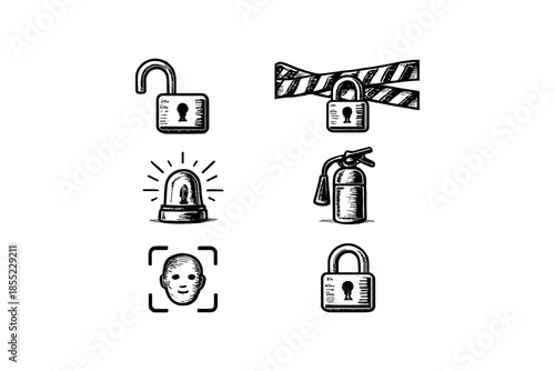 Hand drawn security icons set featuring locks, safety tools, and caution tape