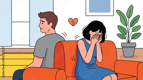 Modern flat vector illustration of woman crying on sofa while man looks away, emotional breakup scene, ideal for mental health and relationship visuals
