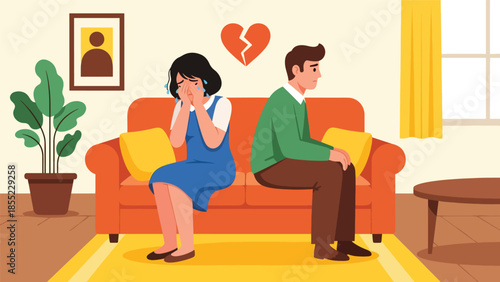 Modern flat vector illustration of woman crying on sofa while man looks away, emotional breakup scene, ideal for mental health and relationship visuals