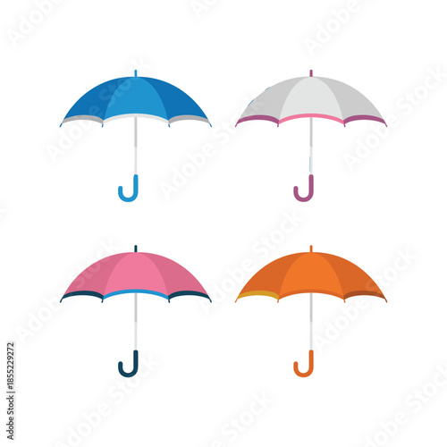 Four colorful umbrellas blue pink orange and white with curved handles on a white background rain protection.