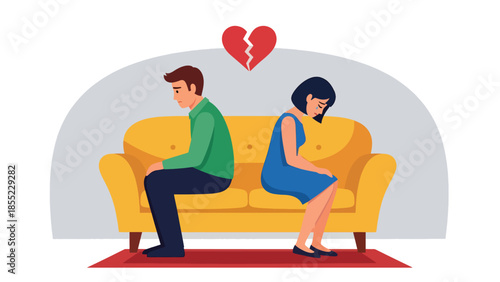 Modern flat vector illustration of woman crying on sofa while man looks away, emotional breakup scene, ideal for mental health and relationship visuals