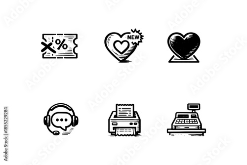 Retail icons set: discount, new products, customer support, printing, checkout in black and white