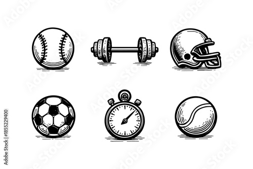 Vintage sports equipment collection: baseball, soccer, football, stopwatch, tennis illustrations