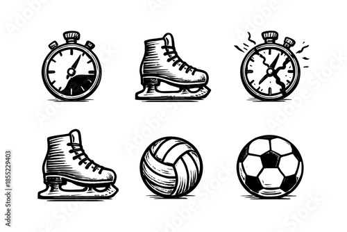 Vintage sports icons set featuring ice skates, stopwatches, volleyball, and soccer ball