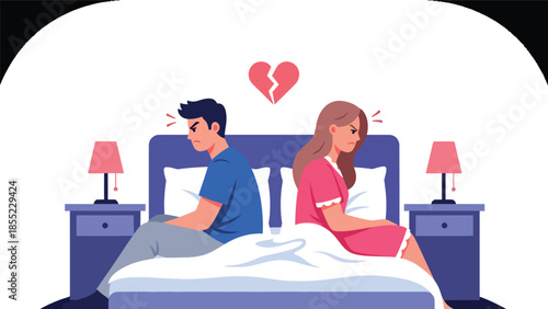 Modern flat vector illustration of man and woman sitting apart on bed, emotional distance after breakup, ideal for relationship conflict visuals