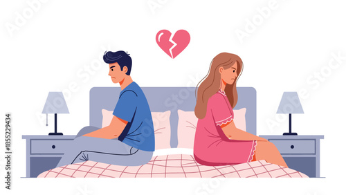 Modern flat vector illustration of man and woman sitting apart on bed, emotional distance after breakup, ideal for relationship conflict visuals