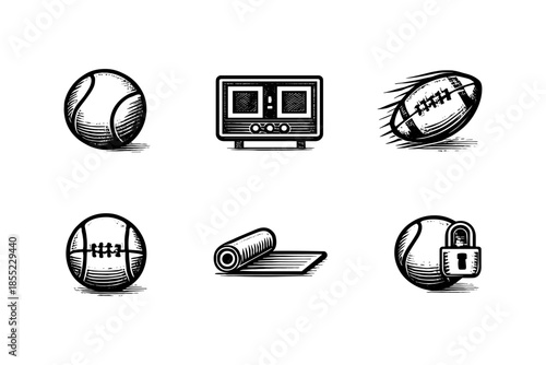 Vintage sports equipment icons set with baseball basketball football and more