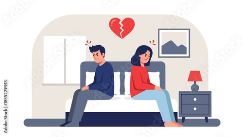 Modern flat vector illustration of man and woman sitting apart on bed, emotional distance after breakup, ideal for relationship conflict visuals